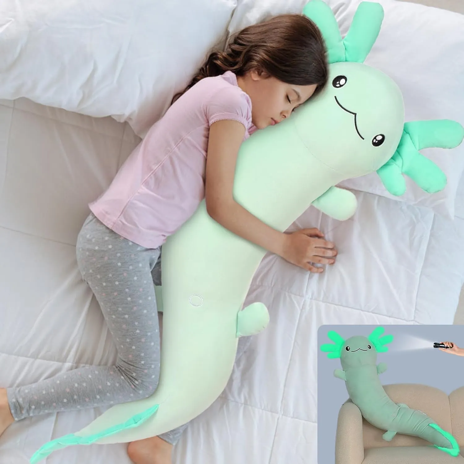 MaoGoLan Giant Axolotl Plush Stuffed Animal,Big Salamander Plush Pillow Toy,Jumbo Stuffed Salamander Body Pillow for Kids, Axolotl Plushies Glow in The Dark,Holiday Birthday Gifts Green