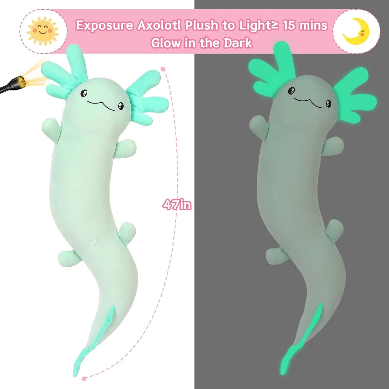 MaoGoLan Giant Axolotl Plush Stuffed Animal,Big Salamander Plush Pillow Toy,Jumbo Stuffed Salamander Body Pillow for Kids, Axolotl Plushies Glow in The Dark,Holiday Birthday Gifts Green