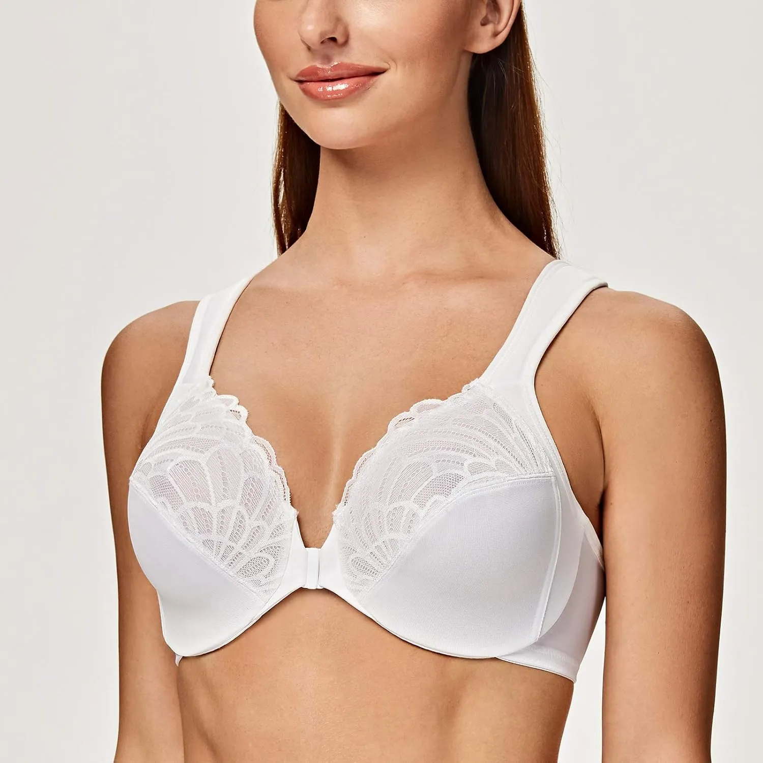 MELENECA Front Closure Bras for Women Plus Size Underwire Unlined Lace Cup Cushion Strap