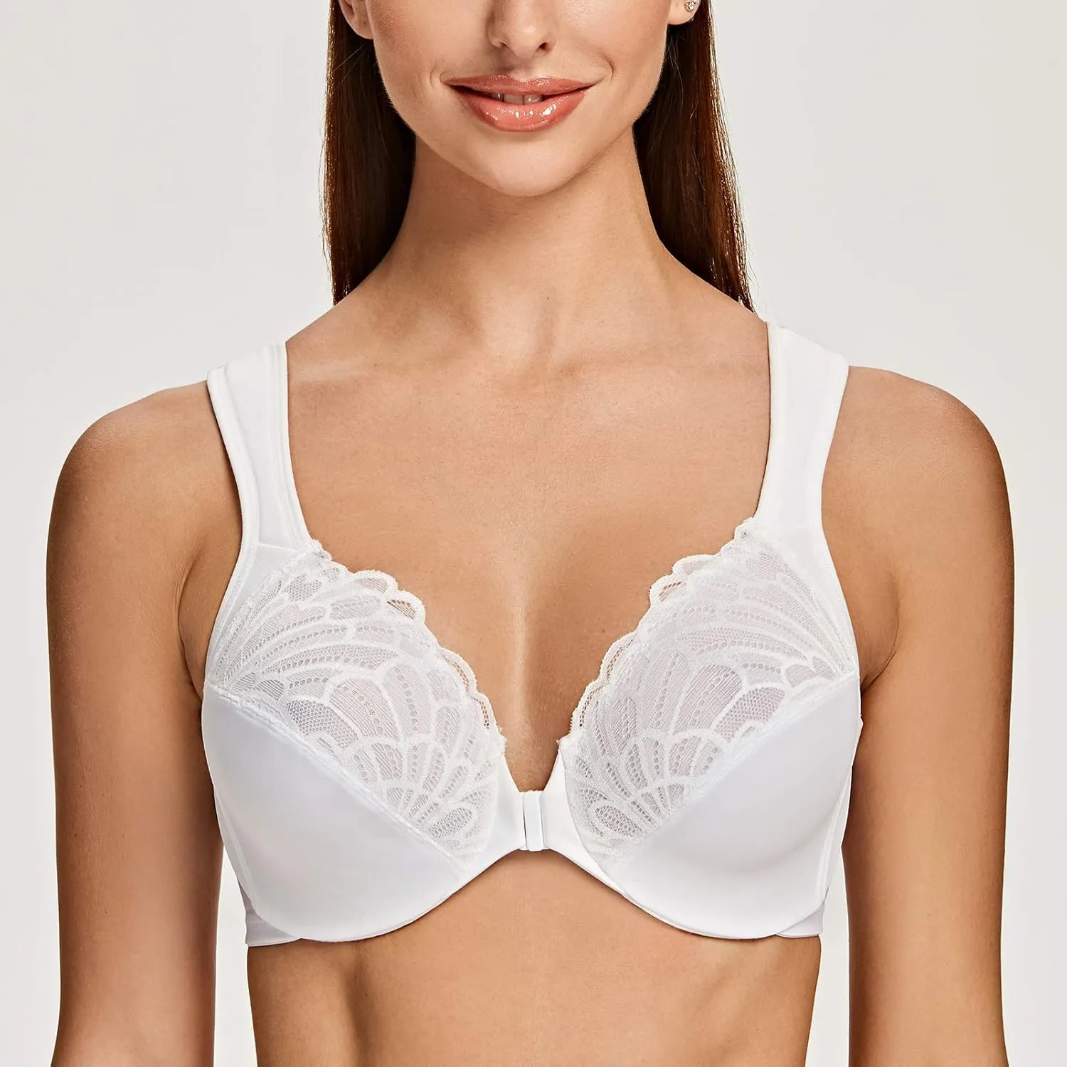 MELENECA Front Closure Bras for Women Plus Size Underwire Unlined Lace Cup Cushion Strap
