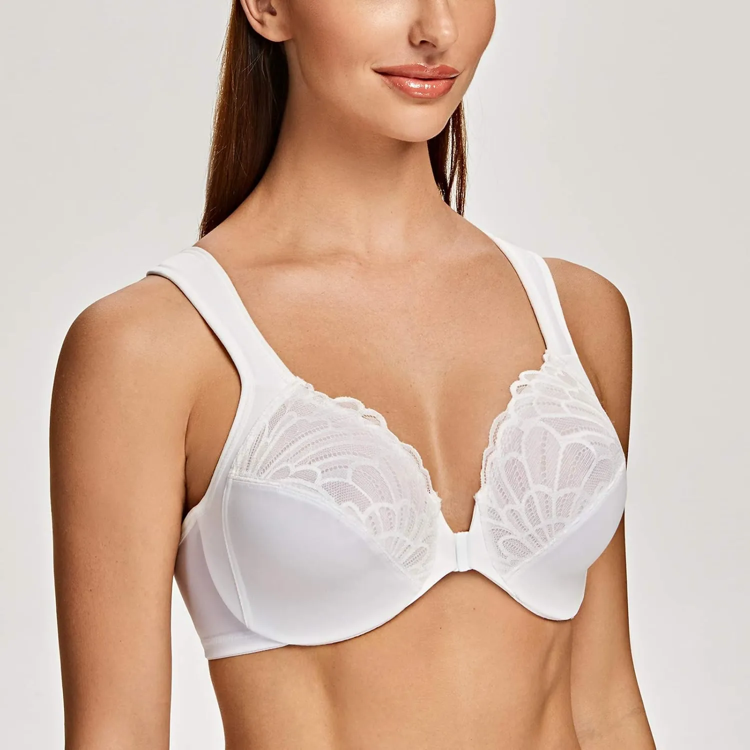 MELENECA Front Closure Bras for Women Plus Size Underwire Unlined Lace Cup Cushion Strap