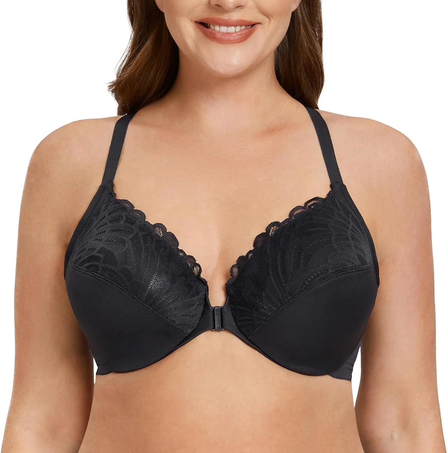 MELENECA Women's Racerback Front Closure Full Coverage Unlined Plus Size Underwire Bra
