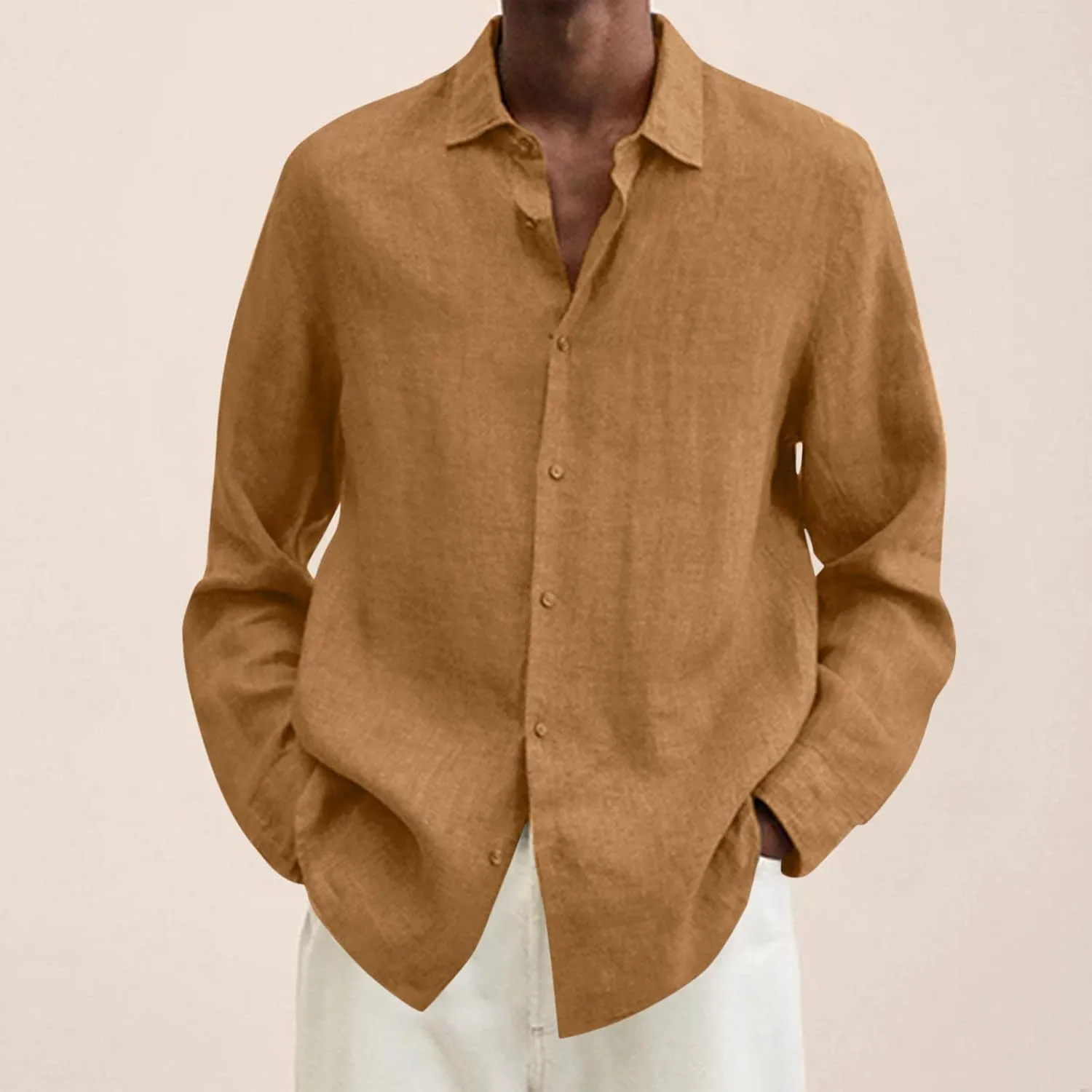 Mens Cotton Linen Long Sleeve Shirts Casual Lightweight Button Down T-shirts Summer Vacation Beach Tops Cuban Shirt
