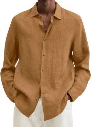 Mens Cotton Linen Long Sleeve Shirts Casual Lightweight Button Down T-shirts Summer Vacation Beach Tops Cuban Shirt