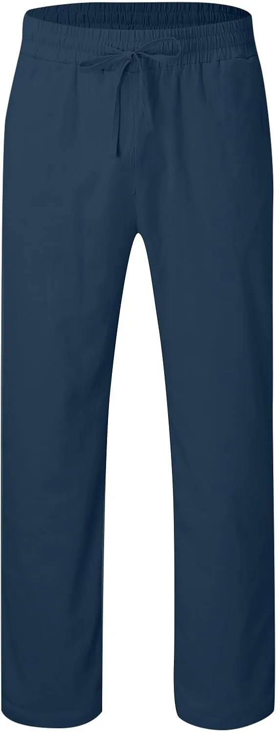 Men's Cotton Linen Pants Drawstring Pants with Pockets Elastic Waist Casual Jogger Yoga Pants Work Pants for Men
