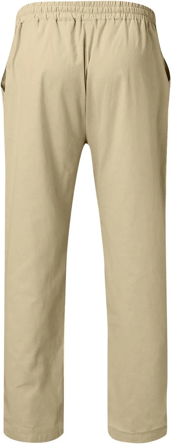 Men's Cotton Linen Pants Drawstring Pants with Pockets Elastic Waist Casual Jogger Yoga Pants Work Pants for Men