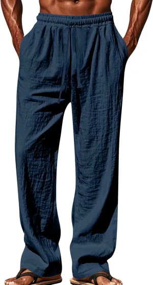 Men's Cotton Linen Pants Drawstring Pants with Pockets Elastic Waist Casual Jogger Yoga Pants Work Pants for Men