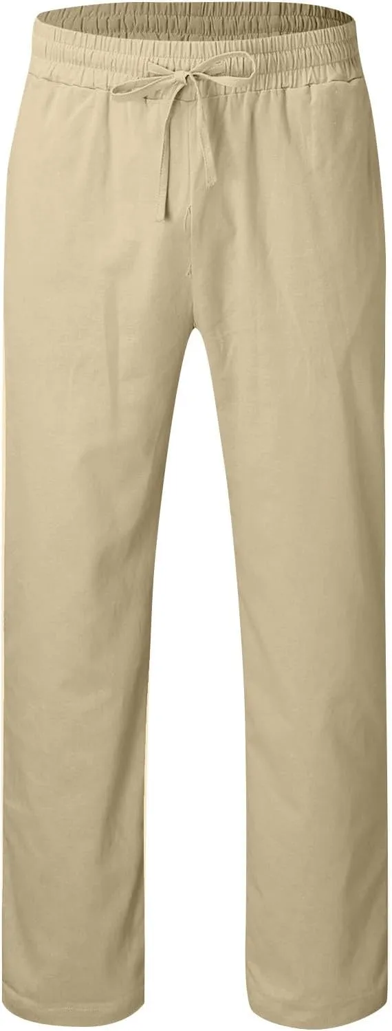 Men's Cotton Linen Pants Drawstring Pants with Pockets Elastic Waist Casual Jogger Yoga Pants Work Pants for Men