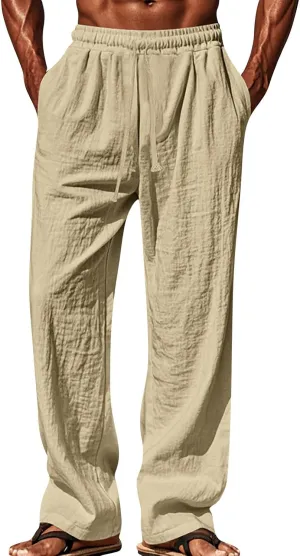 Men's Cotton Linen Pants Drawstring Pants with Pockets Elastic Waist Casual Jogger Yoga Pants Work Pants for Men