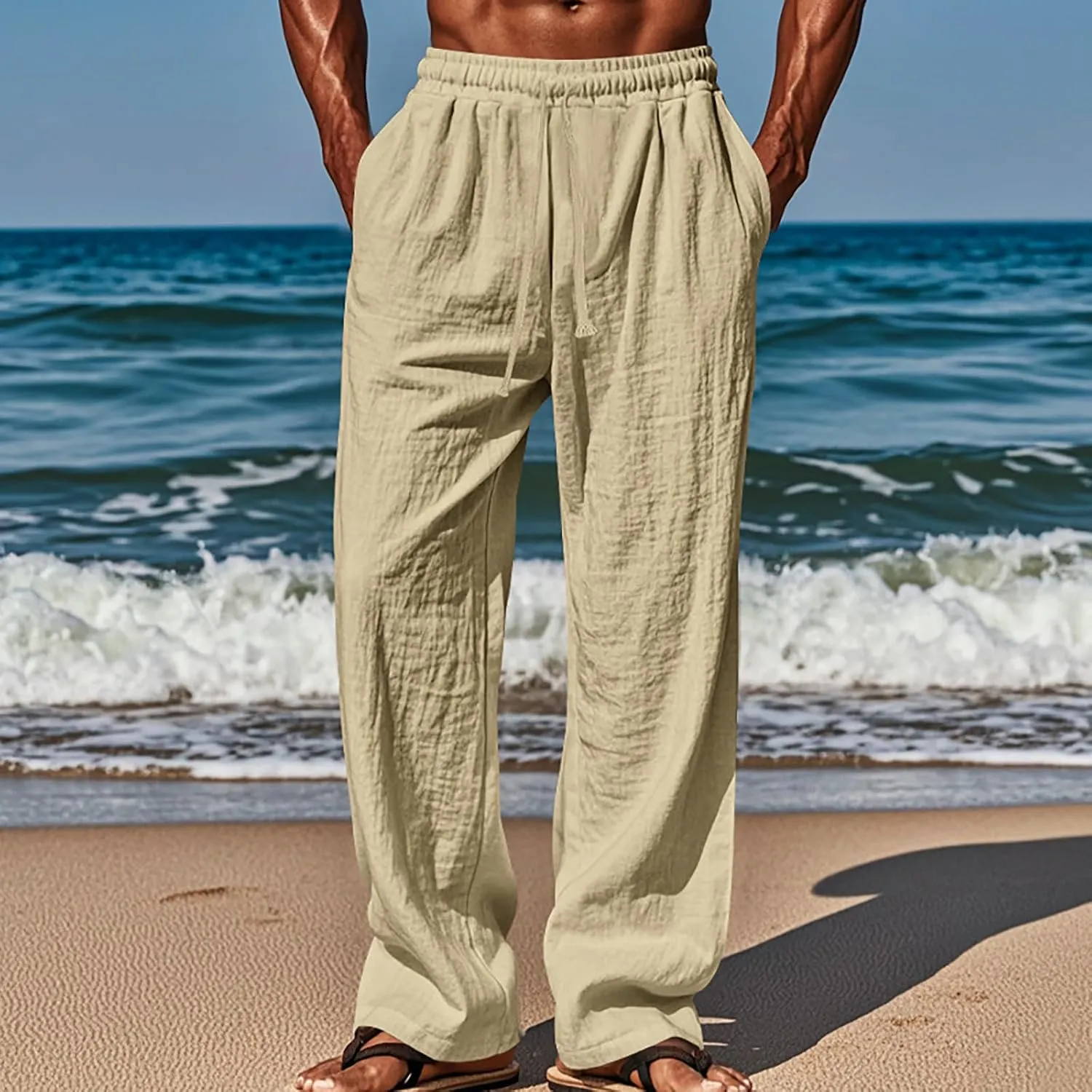 Men's Cotton Linen Pants Drawstring Pants with Pockets Elastic Waist Casual Jogger Yoga Pants Work Pants for Men