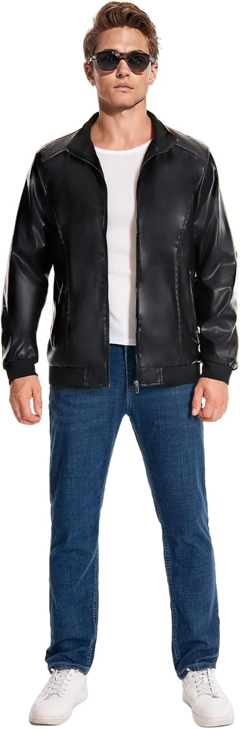 Mens Faux Leather Jacket Full-Zip Stand Collar Outerwear Lightweight Motorcycle Jacket