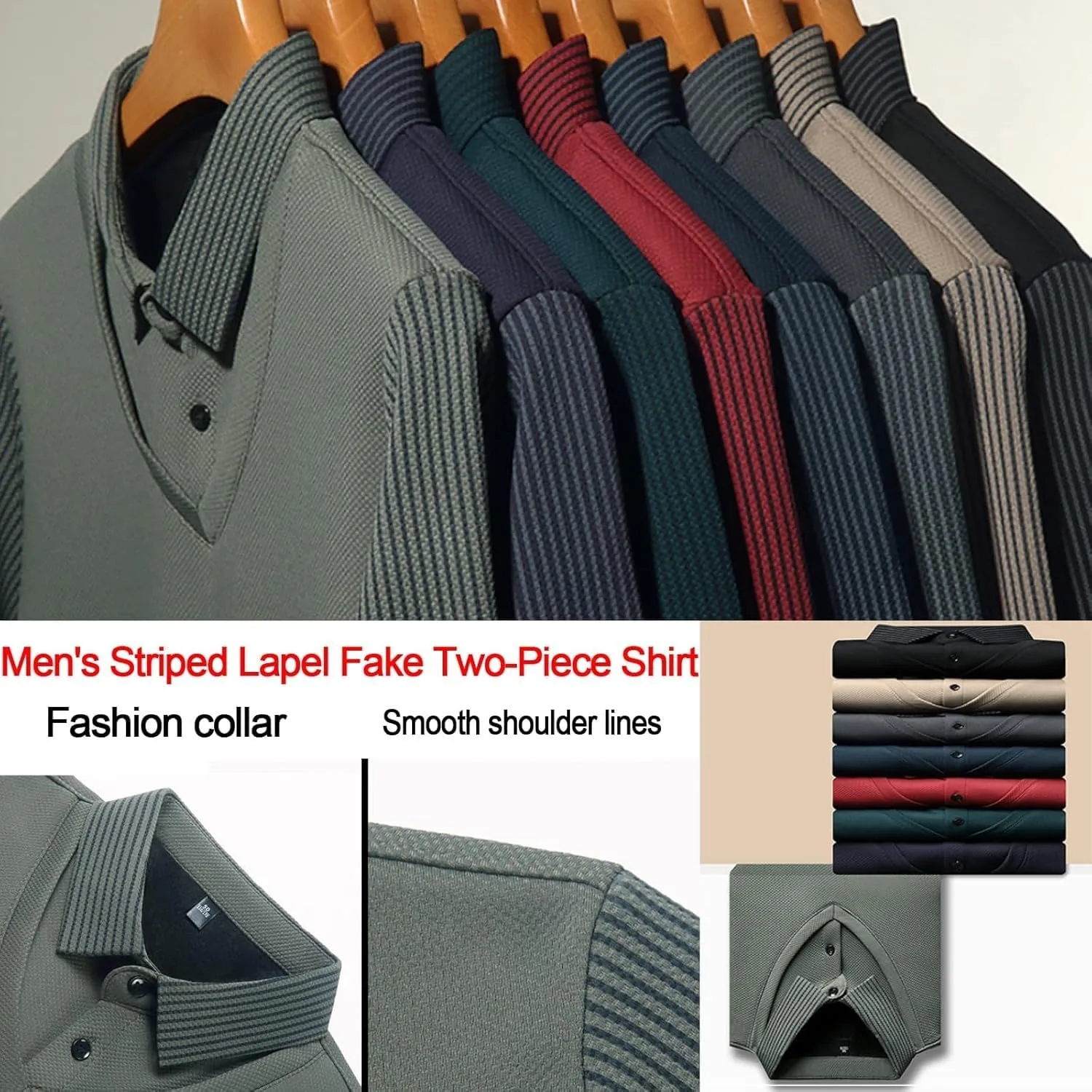 Men'S Faux Two Piece Lapel Long-Sleeve Tops,Men'S Striped Lapel Fake 2 Piece Shirt, Spring Fall Casual Fashion Base Tops