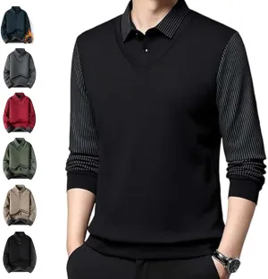 Men'S Faux Two Piece Lapel Long-Sleeve Tops,Men'S Striped Lapel Fake 2 Piece Shirt, Spring Fall Casual Fashion Base Tops