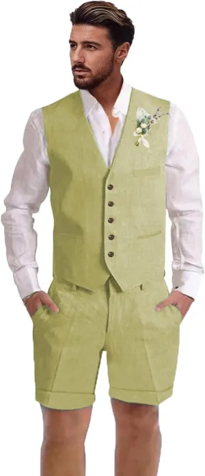 Mens Linen Suit 2 Piece Short Suits for Men Casual Summer Beach Wedding Suit Linen Vest Shorts Set