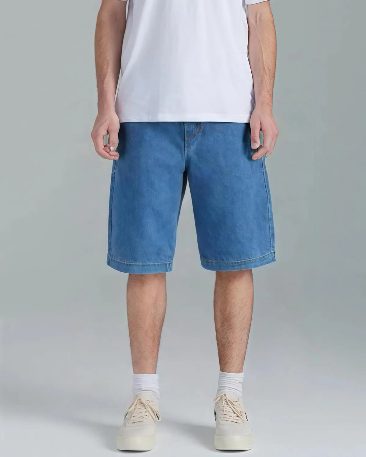 Men's Non-Stretch Relaxed Fit Wide-Leg Baggy Long Denim Shorts-14 Inseam Below Knee