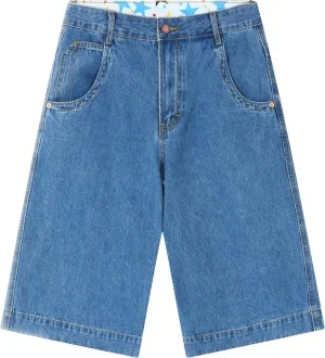 Men's Non-Stretch Relaxed Fit Wide-Leg Baggy Long Denim Shorts-14 Inseam Below Knee