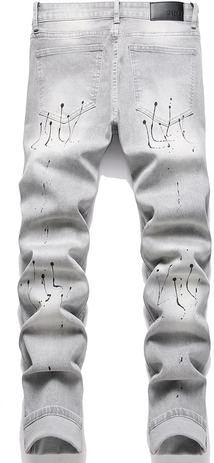 Men's Ripped Patch Elastic Jeans Fashion Slim Fit Regular Denim Pants