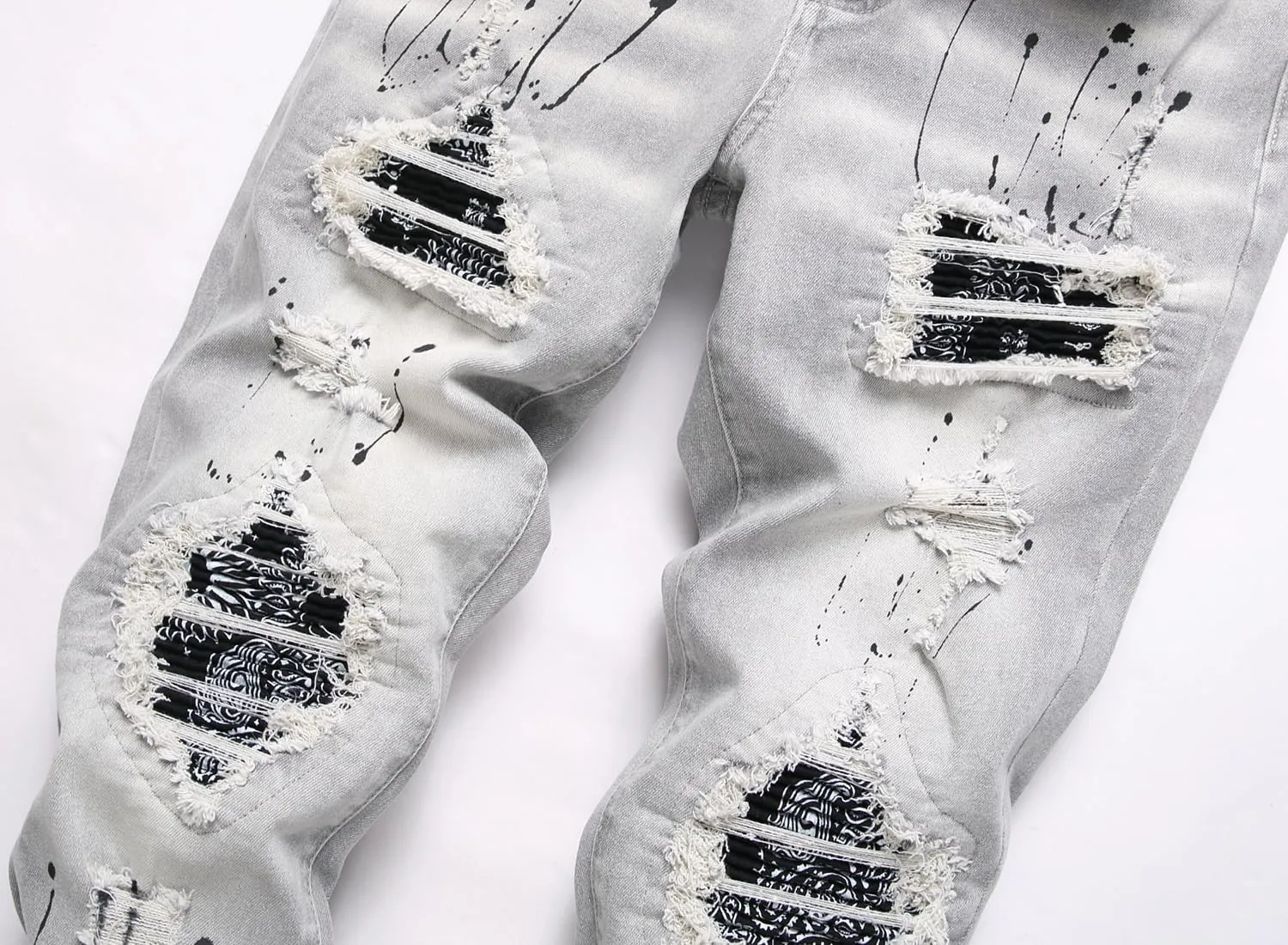 Men's Ripped Patch Elastic Jeans Fashion Slim Fit Regular Denim Pants