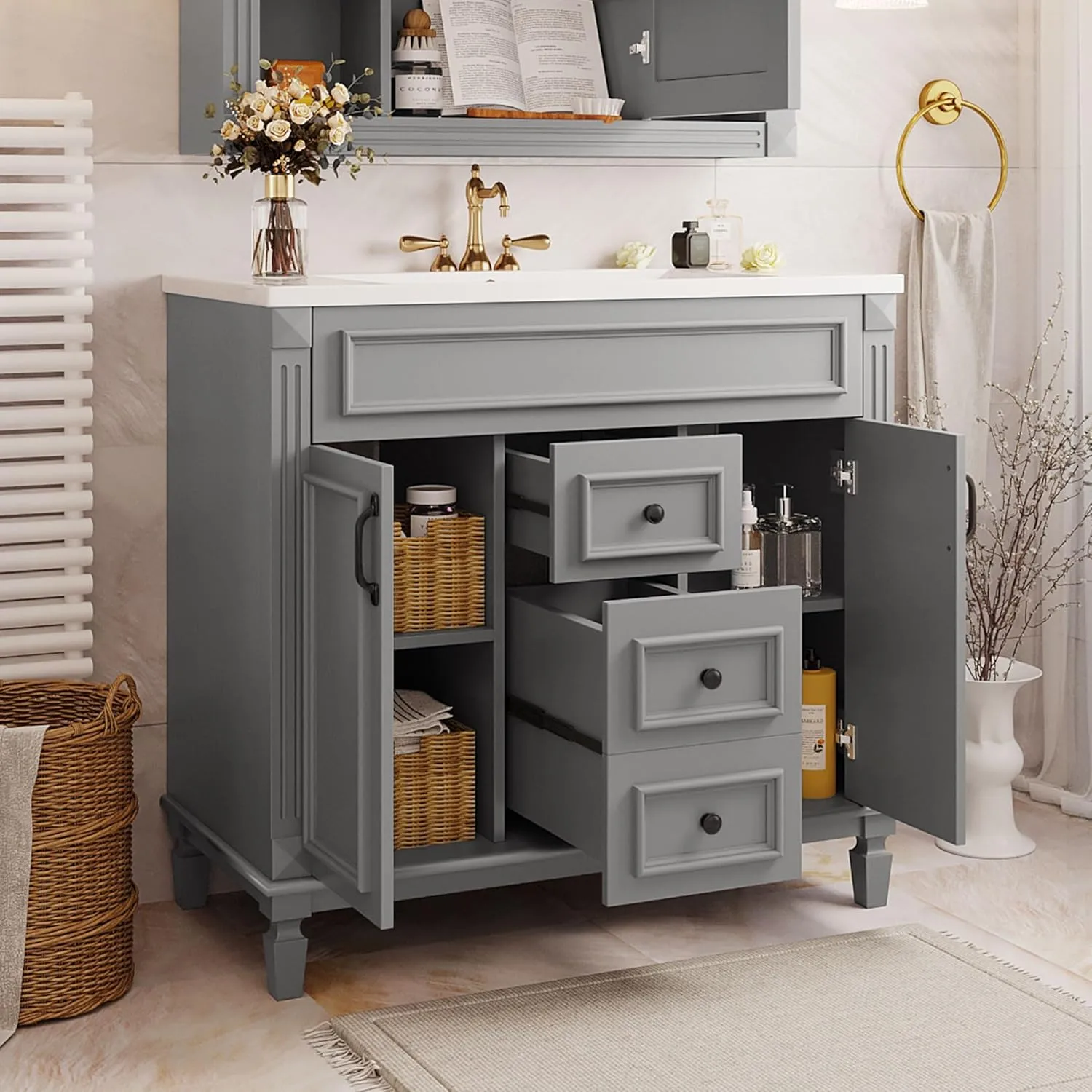 Merax 36" Bathroom Vanities with Single Sink, Modern Undermount Bathroom Sink Cabinet with 3 Closing Doors & 2 Full Extension Dovetail Drawers