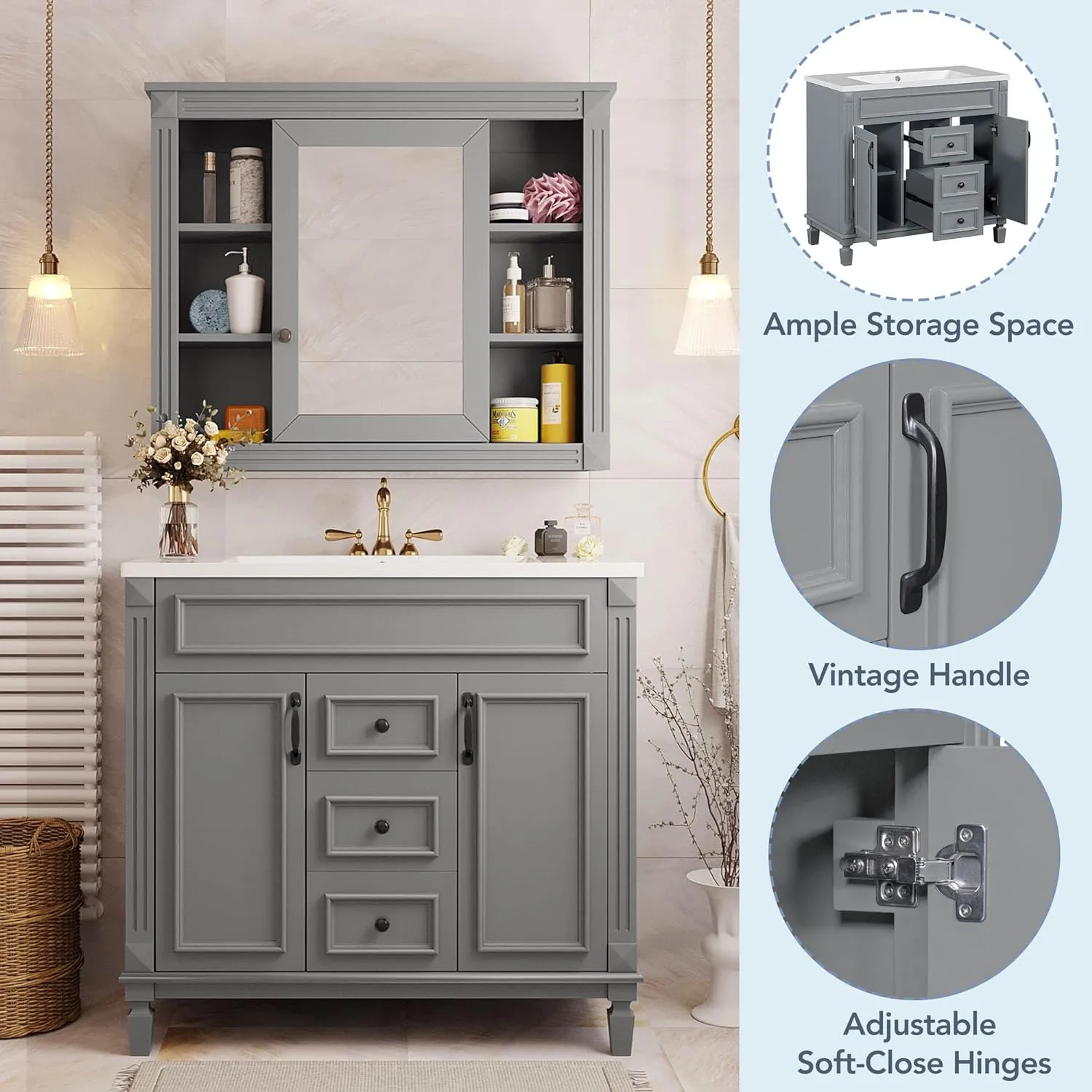 Merax 36" Bathroom Vanities with Single Sink, Modern Undermount Bathroom Sink Cabinet with 3 Closing Doors & 2 Full Extension Dovetail Drawers