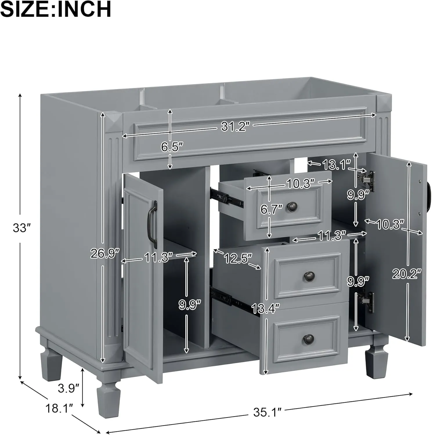 Merax 36" Bathroom Vanities with Single Sink, Modern Undermount Bathroom Sink Cabinet with 3 Closing Doors & 2 Full Extension Dovetail Drawers