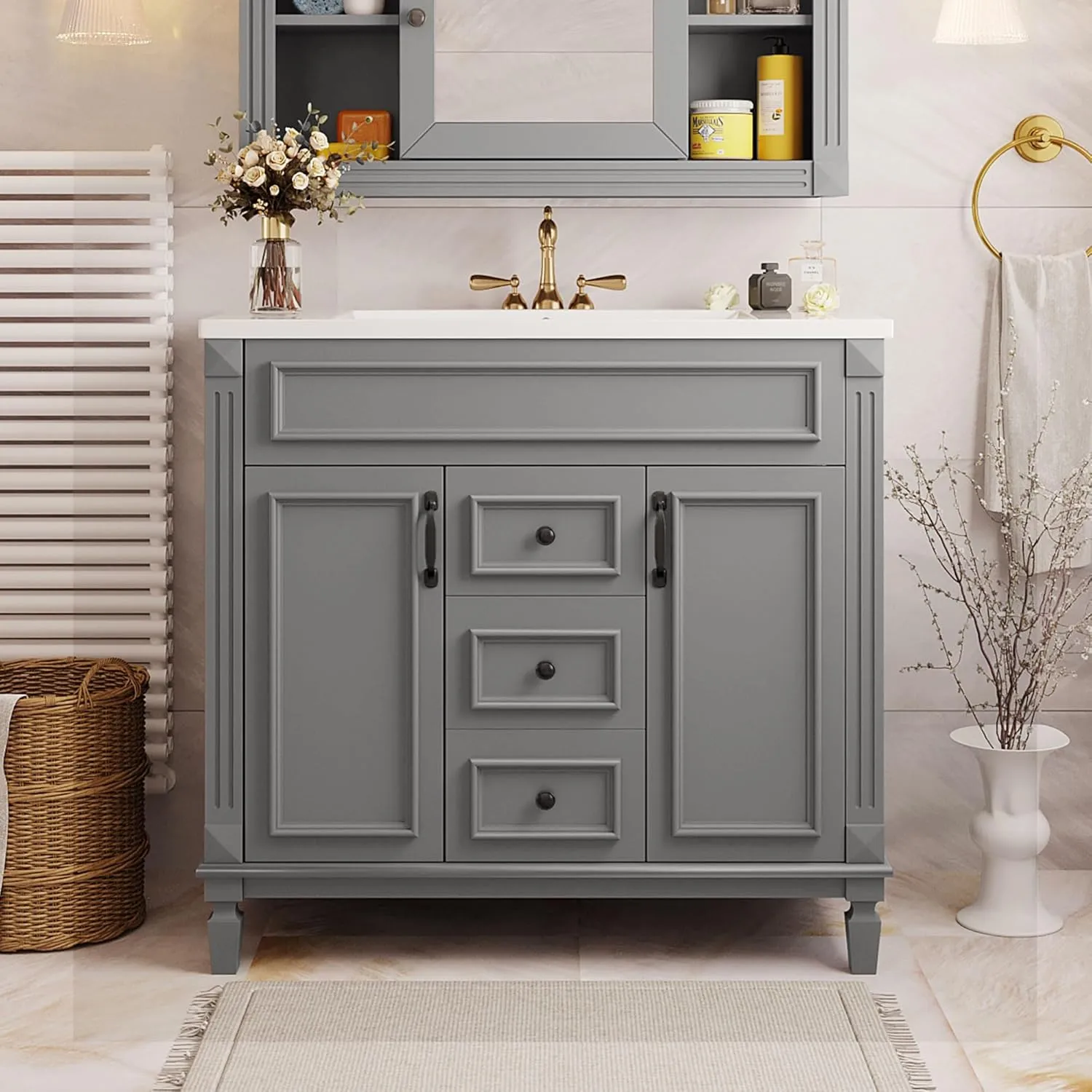 Merax 36" Bathroom Vanities with Single Sink, Modern Undermount Bathroom Sink Cabinet with 3 Closing Doors & 2 Full Extension Dovetail Drawers