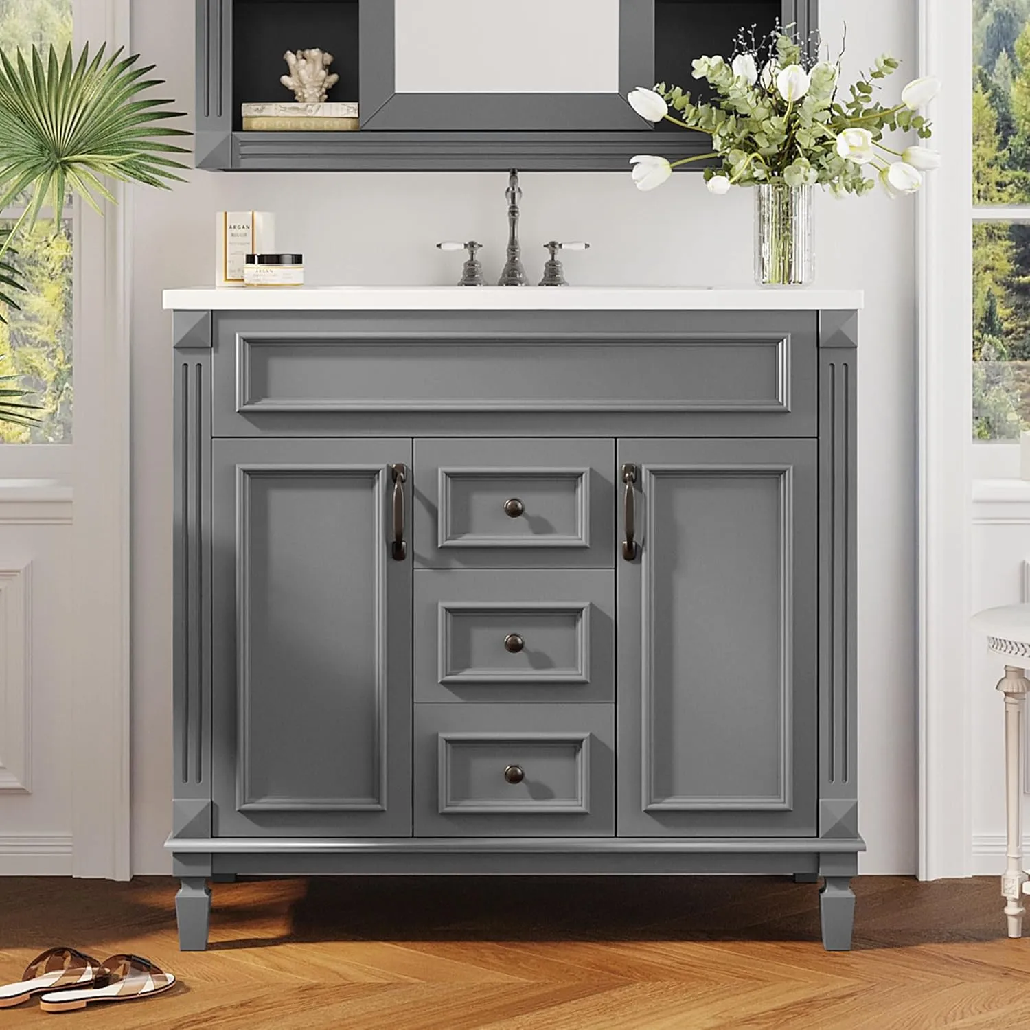 Merax 36" Bathroom Vanities with Single Sink, Modern Undermount Bathroom Sink Cabinet with 3 Closing Doors & 2 Full Extension Dovetail Drawers