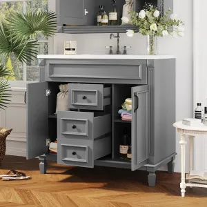 Merax 36" Bathroom Vanities with Single Sink, Modern Undermount Bathroom Sink Cabinet with 3 Closing Doors & 2 Full Extension Dovetail Drawers