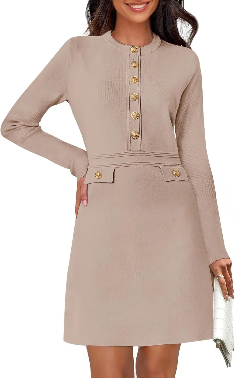 MEROKEETY Women's Long Sleeve Bodycon Sweater Dress Button Crew Neck Elegant Formal Mini Dresses