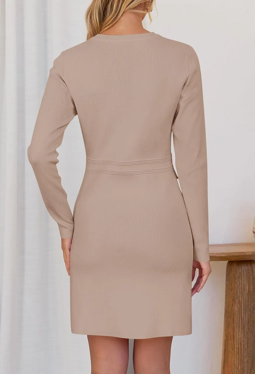 MEROKEETY Women's Long Sleeve Bodycon Sweater Dress Button Crew Neck Elegant Formal Mini Dresses