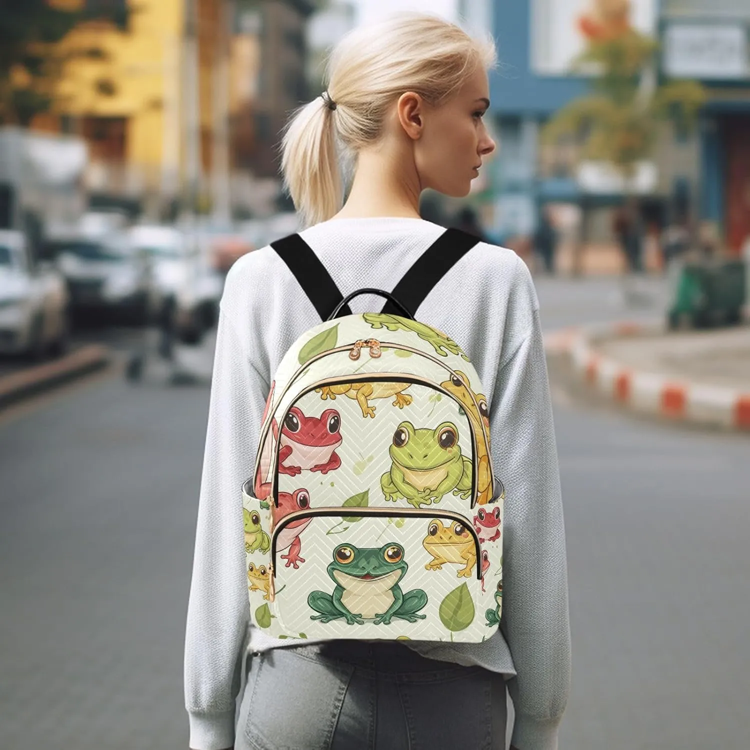 Mini Backpack Purse for Women, Red Green Yellow Frogs Travel Bag Casual Daypack Shoulder Bag