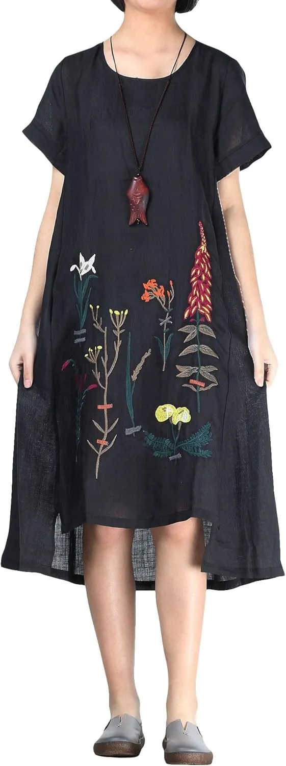 Minibee Women's Embroidered Linen Dress Summer A-Line Sundress Hi Low Tunic Clothing