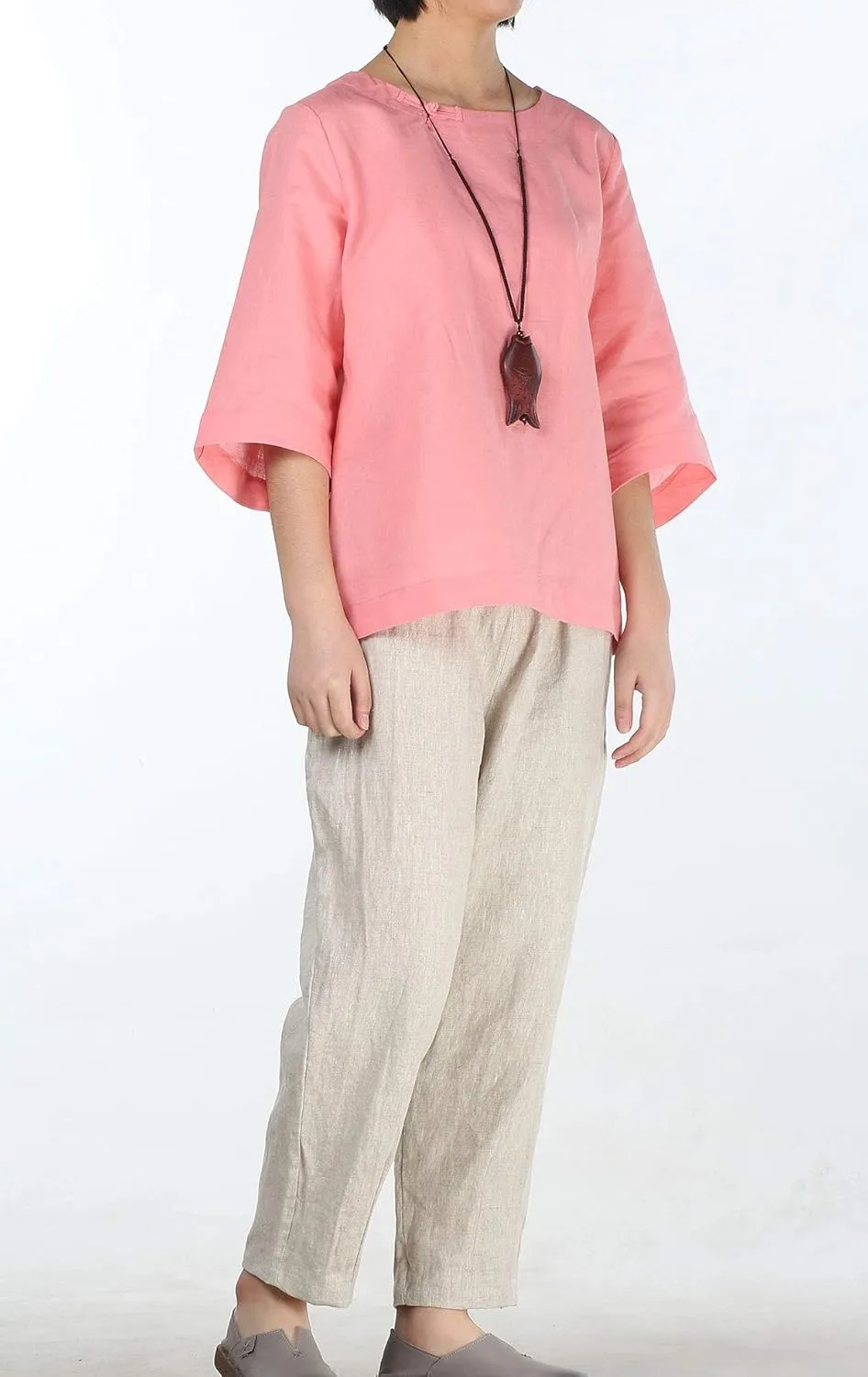 Minibee Women's Linen Blouse Round Neck 3/4 Sleeve Shirt Tops with Chinese Frog Button