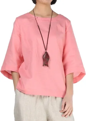 Minibee Women's Linen Blouse Round Neck 3/4 Sleeve Shirt Tops with Chinese Frog Button