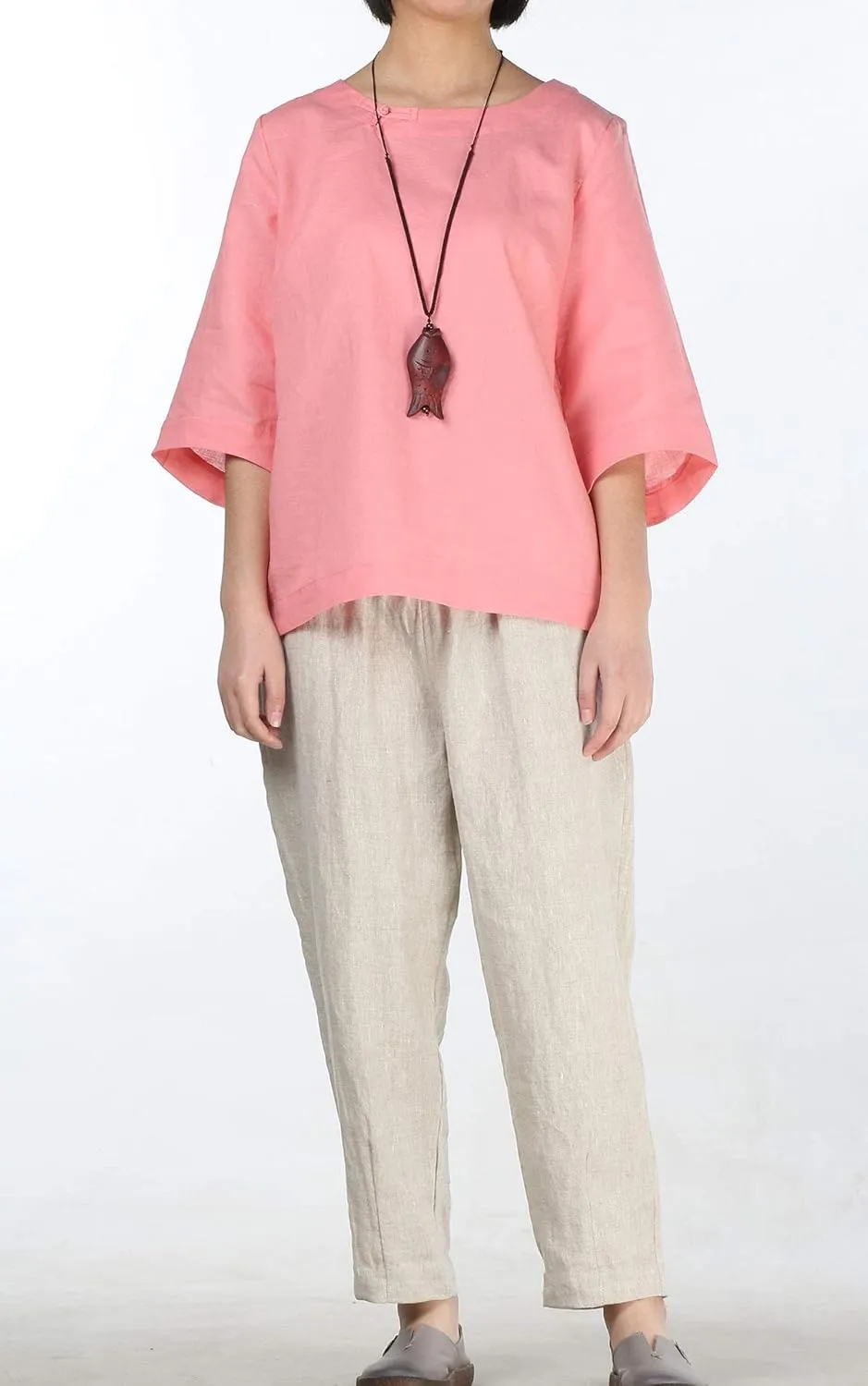 Minibee Women's Linen Blouse Round Neck 3/4 Sleeve Shirt Tops with Chinese Frog Button