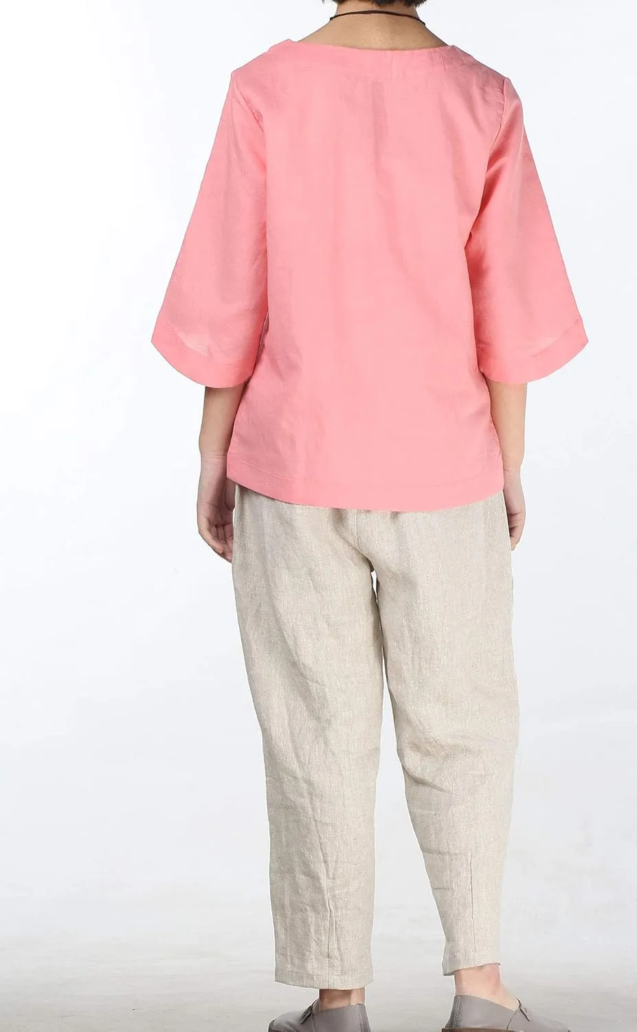 Minibee Women's Linen Blouse Round Neck 3/4 Sleeve Shirt Tops with Chinese Frog Button