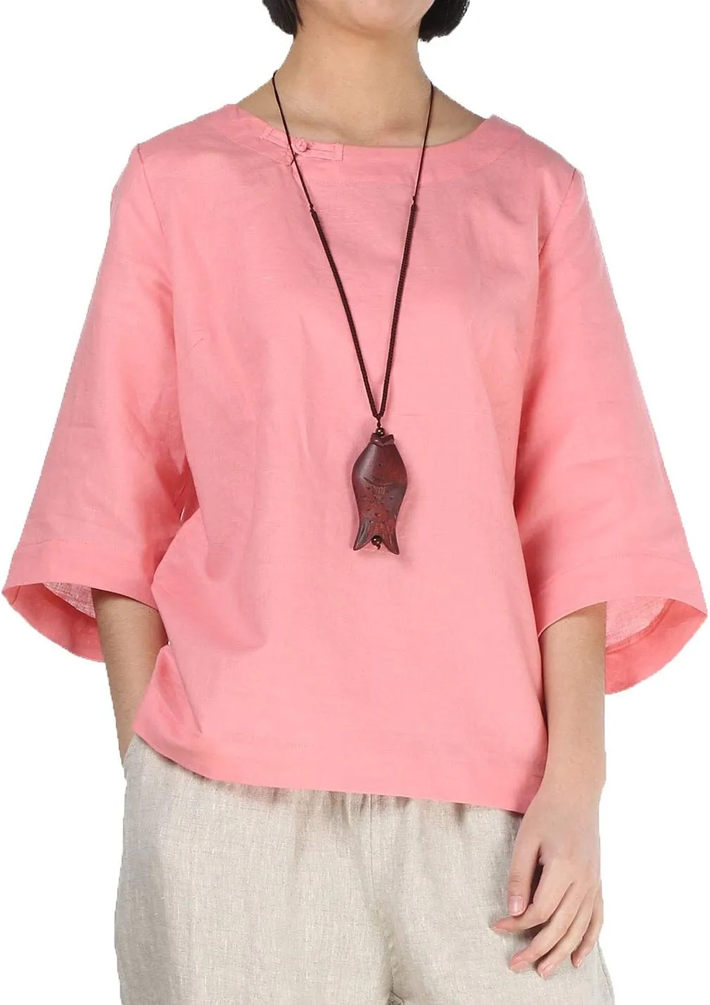 Minibee Women's Linen Blouse Round Neck 3/4 Sleeve Shirt Tops with Chinese Frog Button