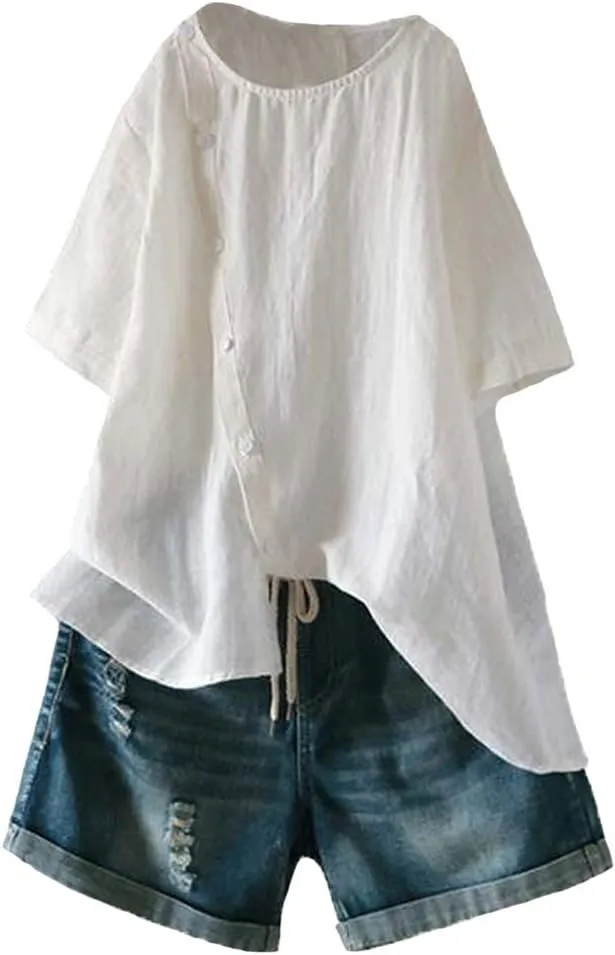 Minibee Women's Linen Blouse Tunic Short Sleeve Shirt Tops With Buttons Decoration