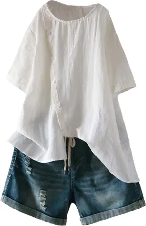 Minibee Women's Linen Blouse Tunic Short Sleeve Shirt Tops With Buttons Decoration