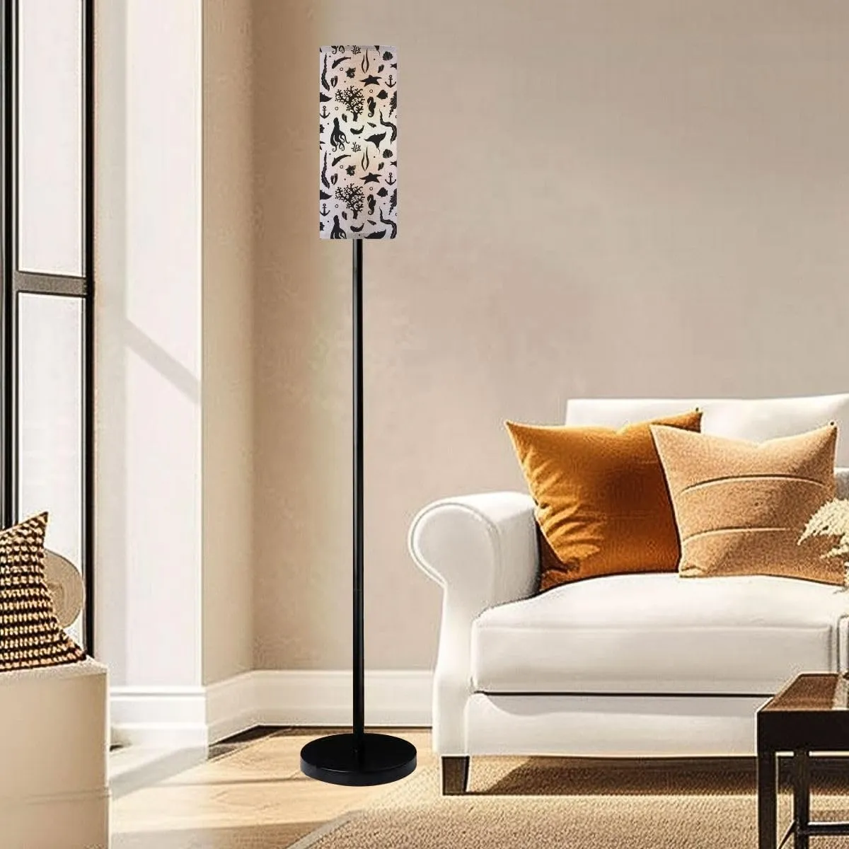 Monochrome Seamless Pattern Marine Animals Silhouette Modern Floor Lamp Minimalist Standing Lamps for Living Room LED Corner Lamp Remote Control Metal Pole Lamp for Bedroom, Reading