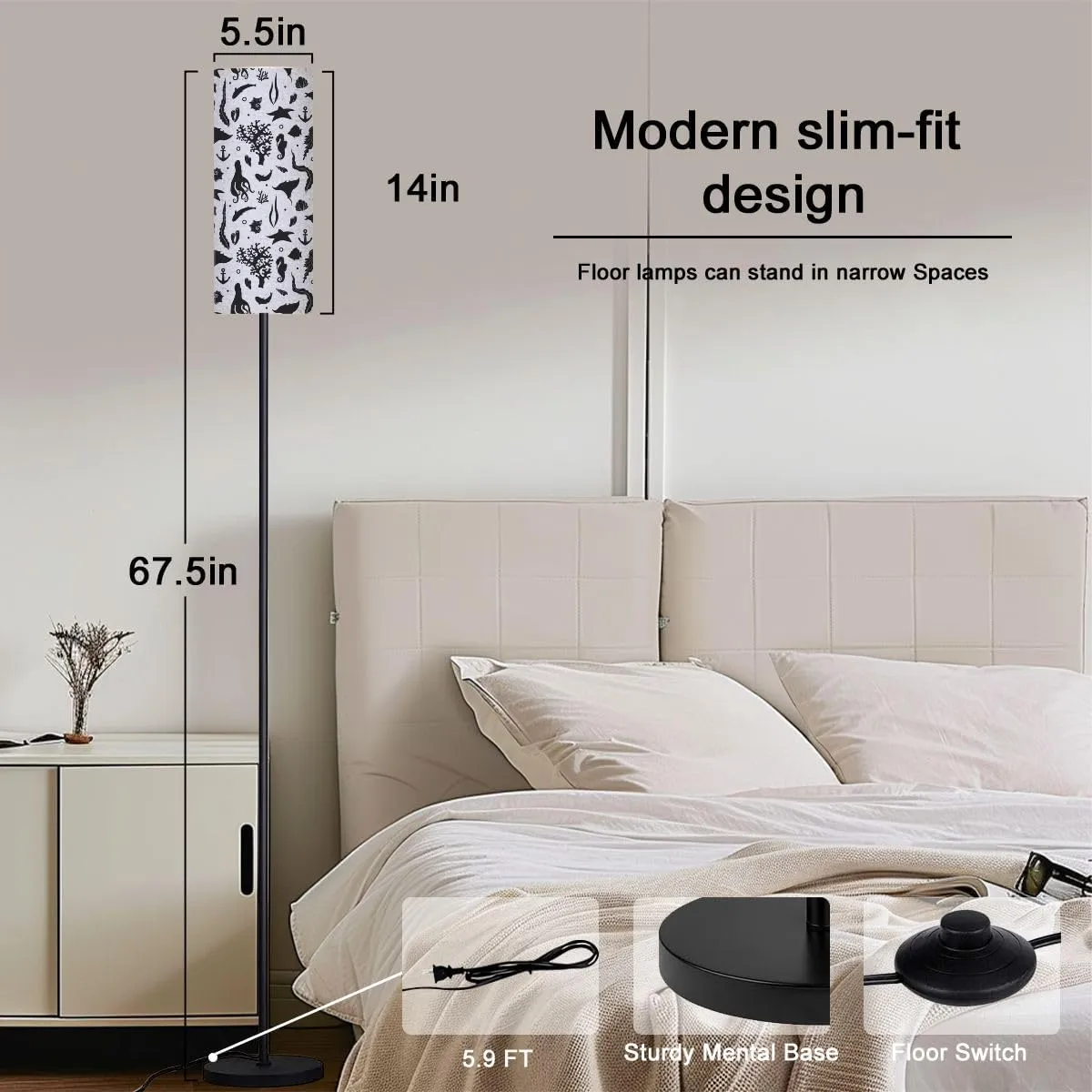Monochrome Seamless Pattern Marine Animals Silhouette Modern Floor Lamp Minimalist Standing Lamps for Living Room LED Corner Lamp Remote Control Metal Pole Lamp for Bedroom, Reading