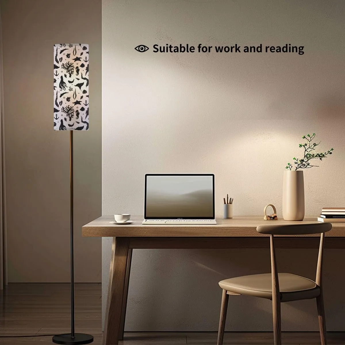 Monochrome Seamless Pattern Marine Animals Silhouette Modern Floor Lamp Minimalist Standing Lamps for Living Room LED Corner Lamp Remote Control Metal Pole Lamp for Bedroom, Reading