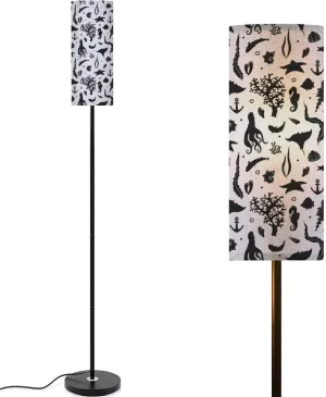 Monochrome Seamless Pattern Marine Animals Silhouette Modern Floor Lamp Minimalist Standing Lamps for Living Room LED Corner Lamp Remote Control Metal Pole Lamp for Bedroom, Reading