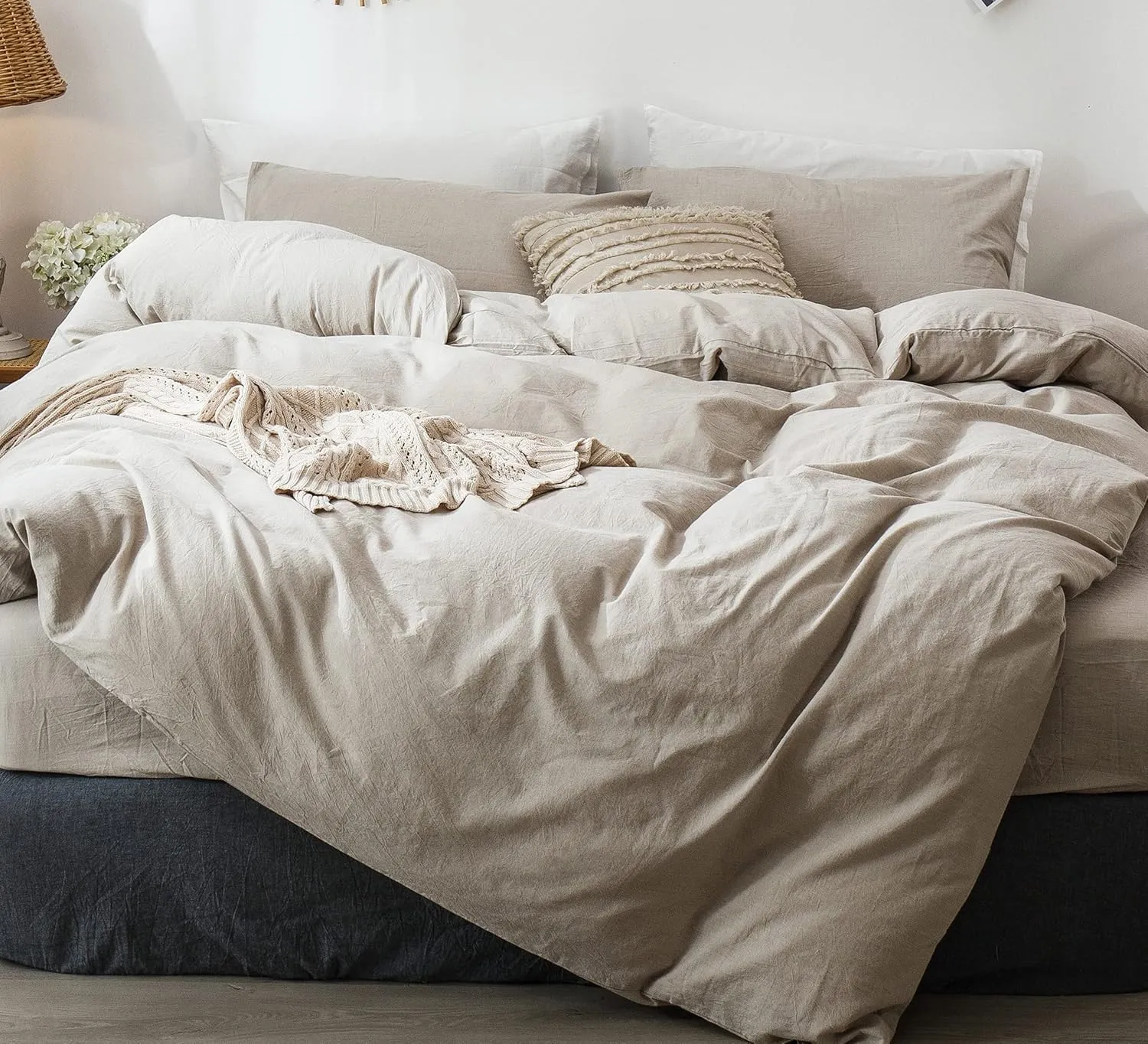 MooMee Bedding Duvet Cover Set 100% Washed Cotton Linen Like Textured Breathable Durable Soft Comfy (Heathered Tannish Linen Grey, King 104"x90")