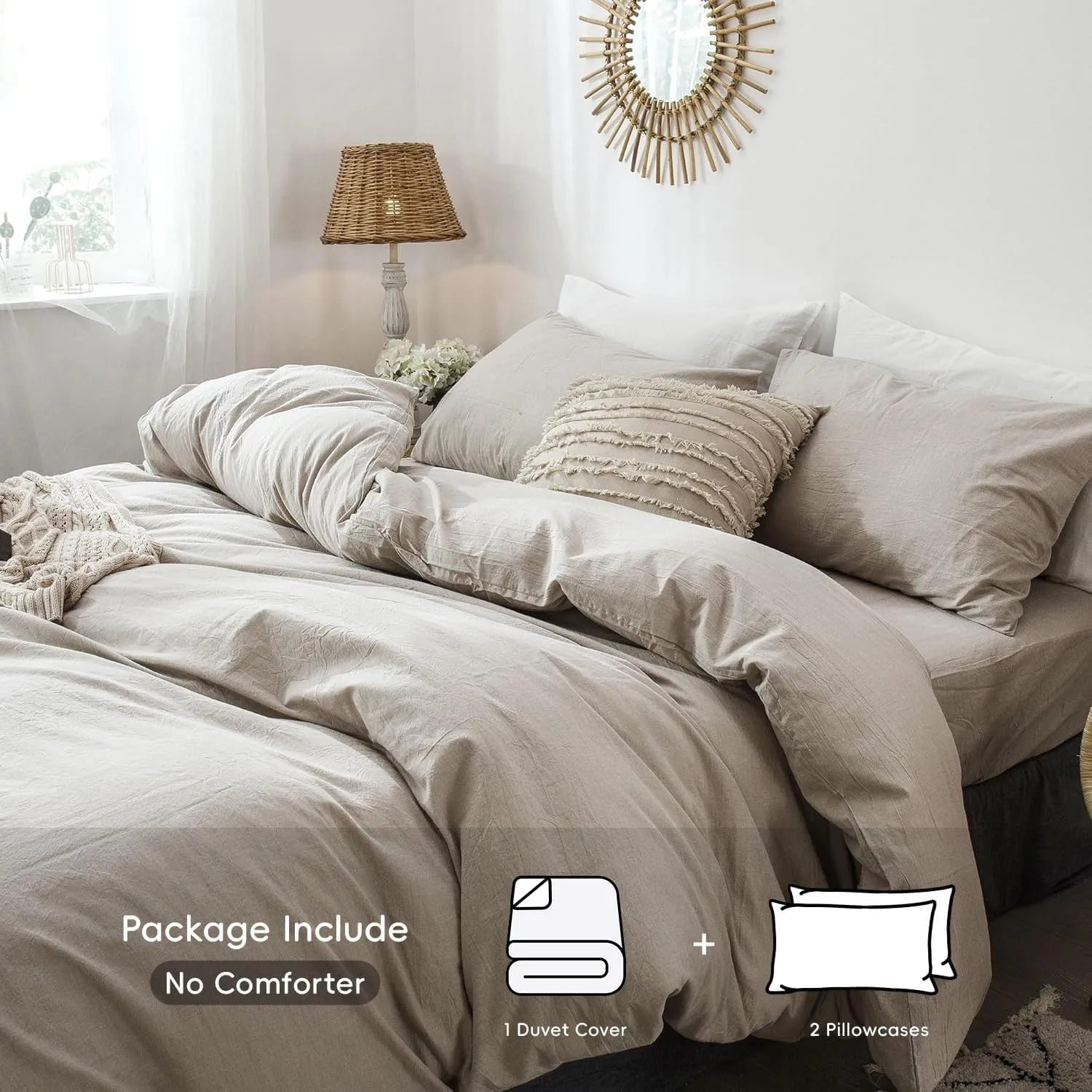 MooMee Bedding Duvet Cover Set 100% Washed Cotton Linen Like Textured Breathable Durable Soft Comfy (Heathered Tannish Linen Grey, King 104"x90")