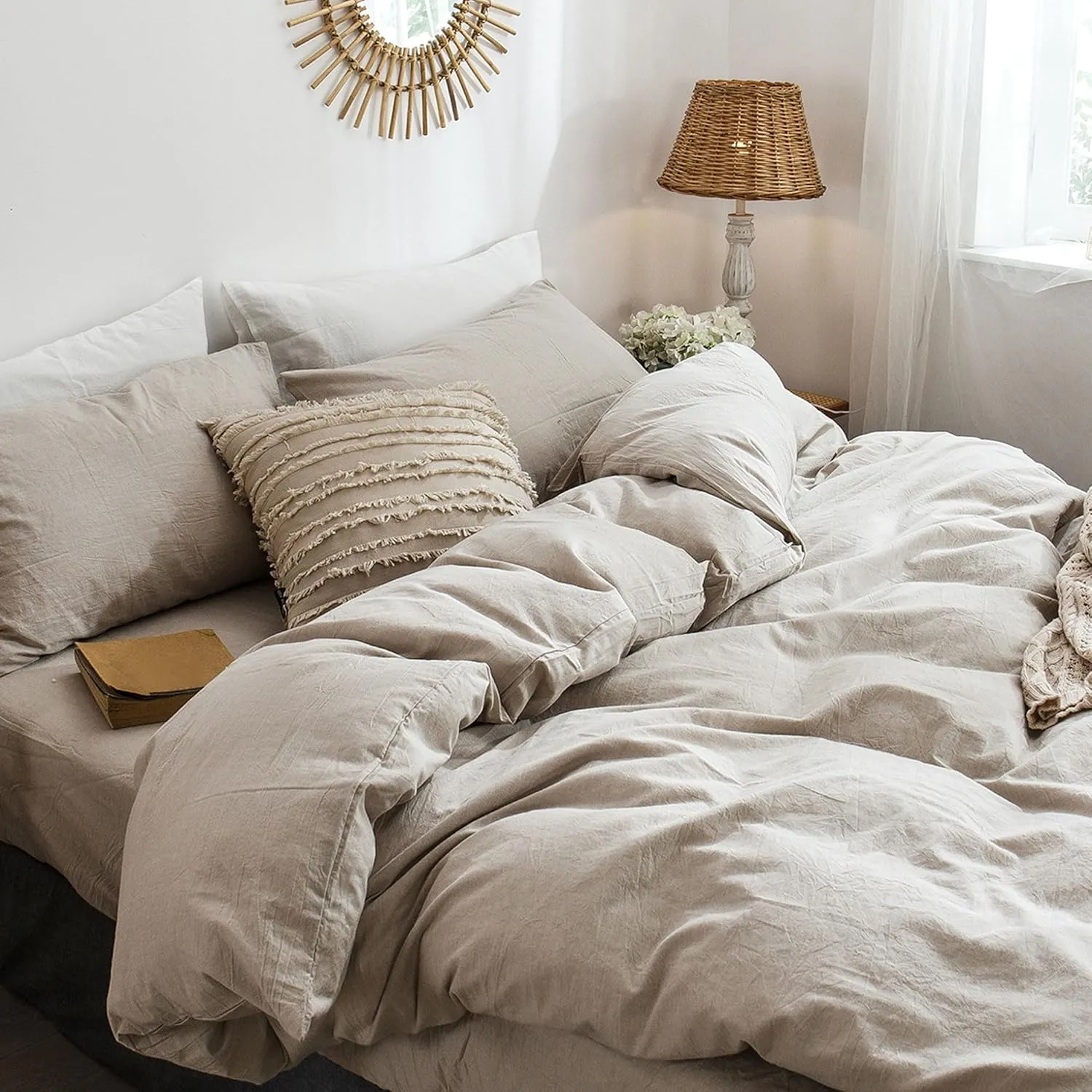 MooMee Bedding Duvet Cover Set 100% Washed Cotton Linen Like Textured Breathable Durable Soft Comfy (Heathered Tannish Linen Grey, King 104"x90")
