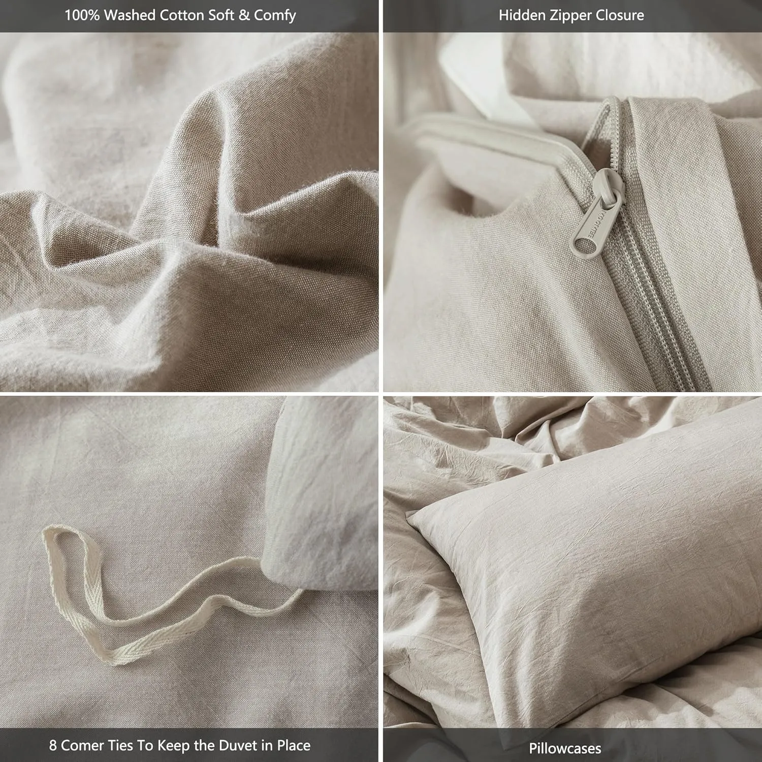 MooMee Bedding Duvet Cover Set 100% Washed Cotton Linen Like Textured Breathable Durable Soft Comfy (Heathered Tannish Linen Grey, King 104"x90")