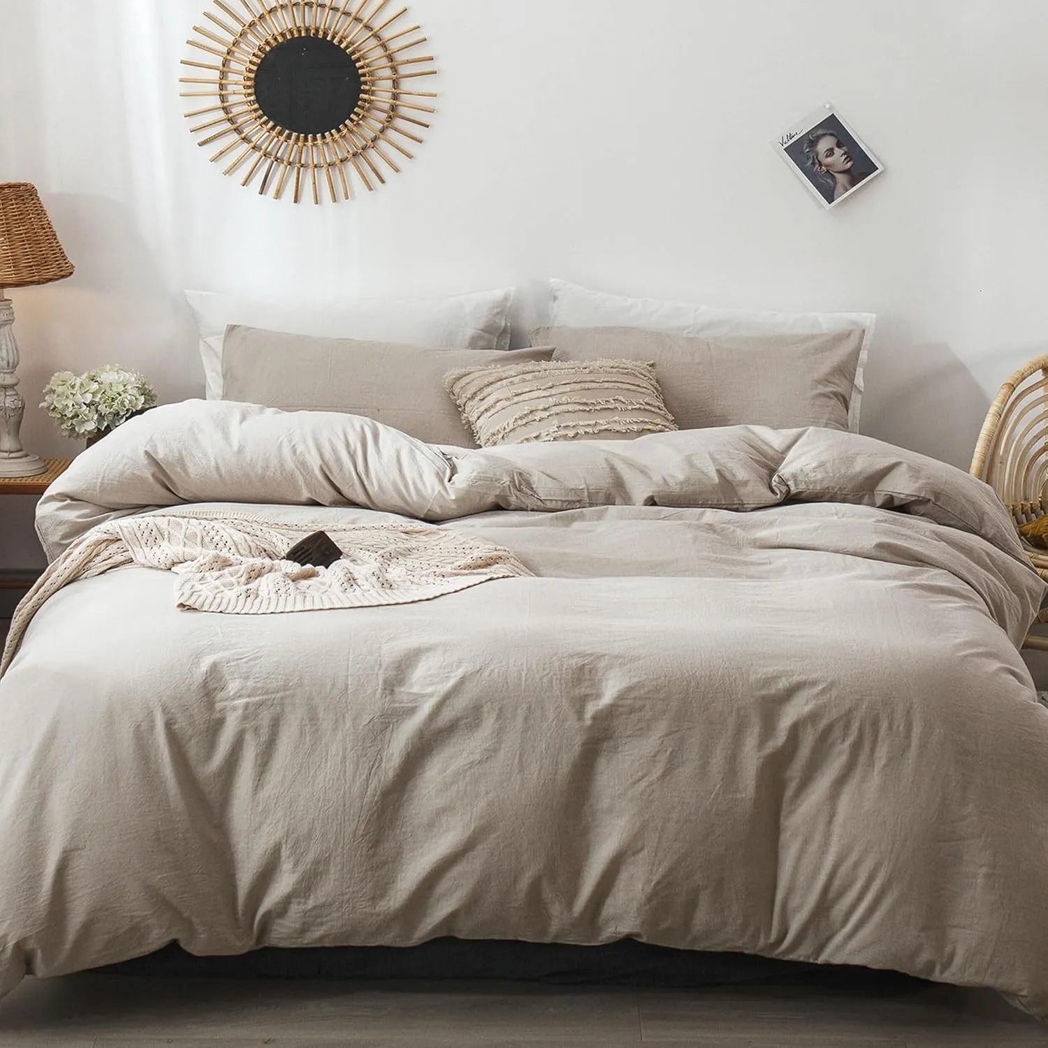 MooMee Bedding Duvet Cover Set 100% Washed Cotton Linen Like Textured Breathable Durable Soft Comfy (Heathered Tannish Linen Grey, King 104"x90")