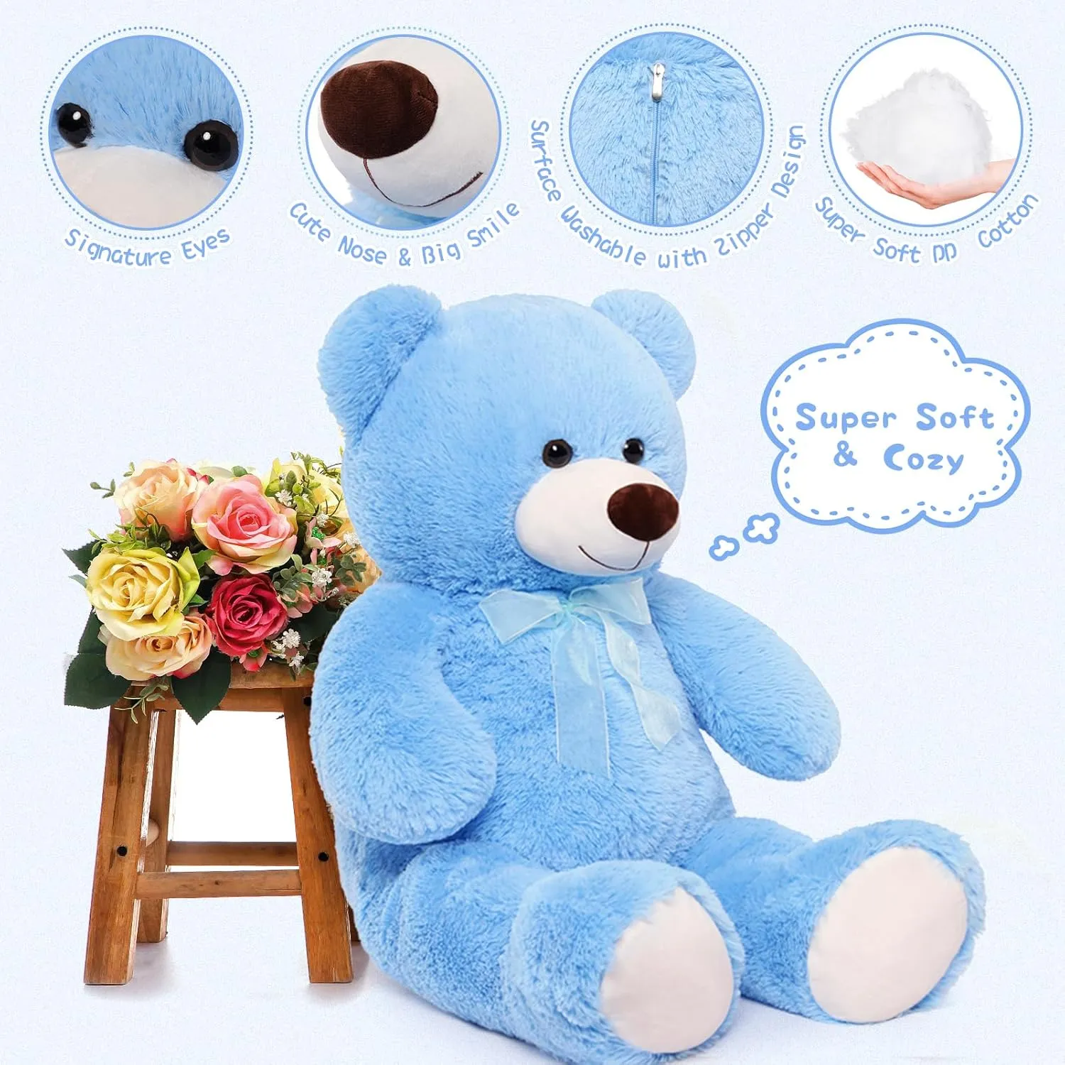MorisMos Giant Teddy Bear Stuffed Animal 3ft,36'' Big Bear for Kid,Large Stuffed Bear for Baby Shower, Teddy Bear for Girlfriend Boyfriend Wife Mother Fiancée Valentine's Birthday, Blue