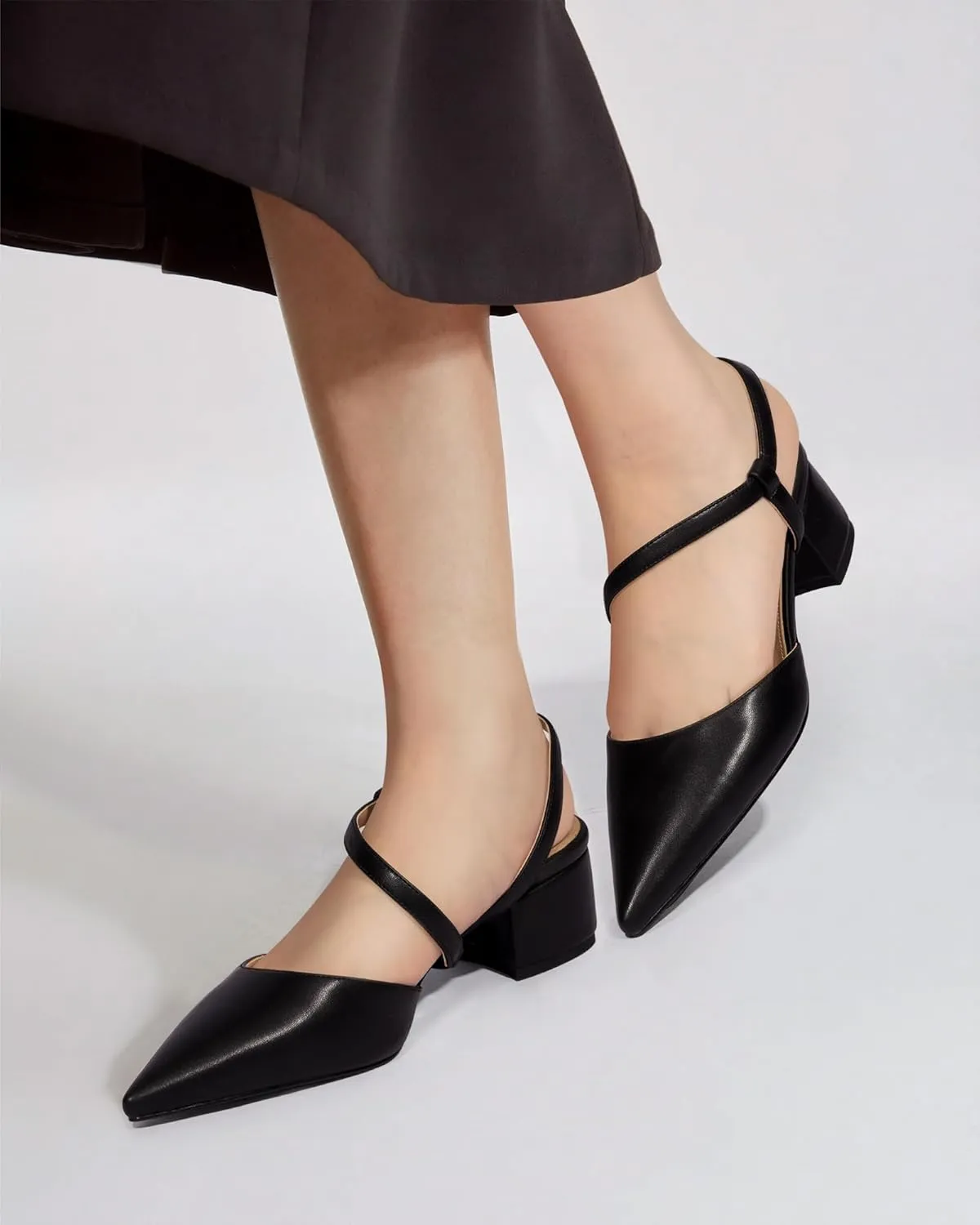 MUCCCUTE Heels for Women Closed Toe Pumps - Black White Nude Elegant Slingback Pointed Toe Chunky Heels Block Low Heel Dress Dressy Shoes for Party Wedding Business Office
